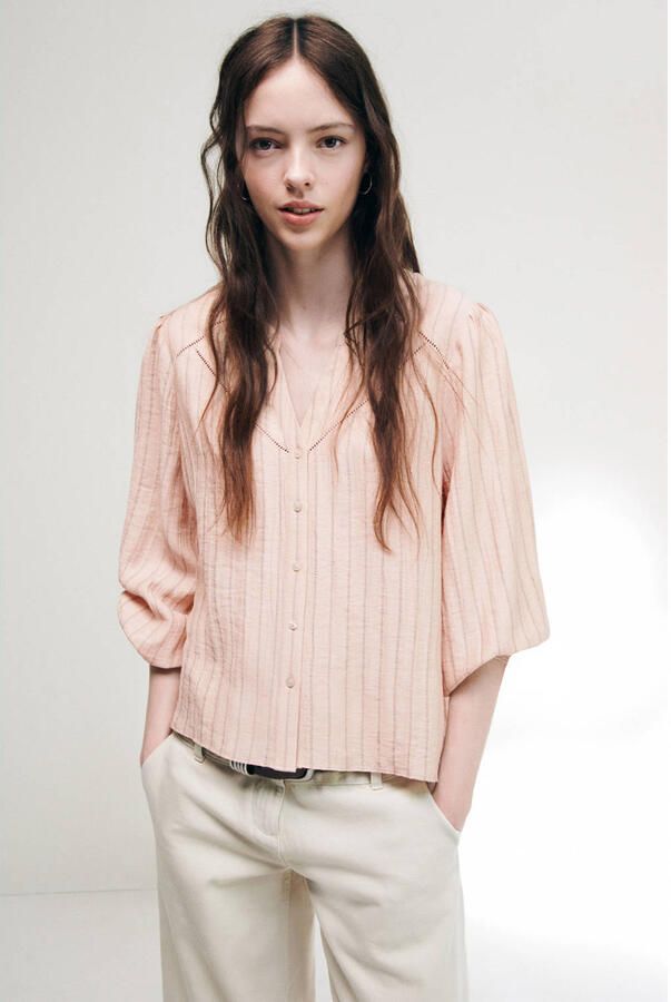MANGO TEEN gestreepte blouse lichtroze Meisjes Katoen V-hals Streep maat 152(XXS)