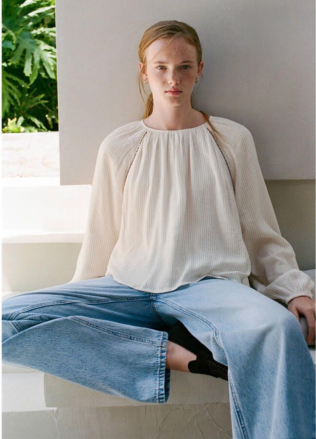 MANGO TEEN gestreepte blouse met kraaltjes wit - Foto 2