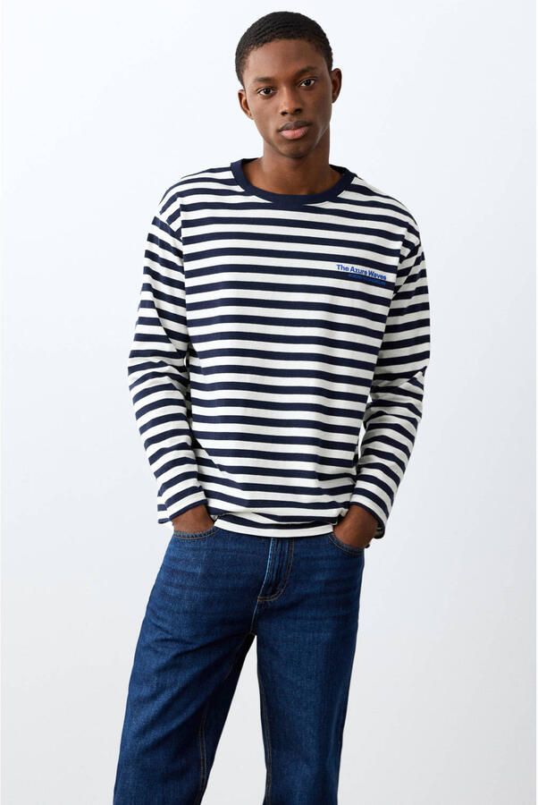 MANGO TEEN gestreepte longsleeve met backprint donkerblauw