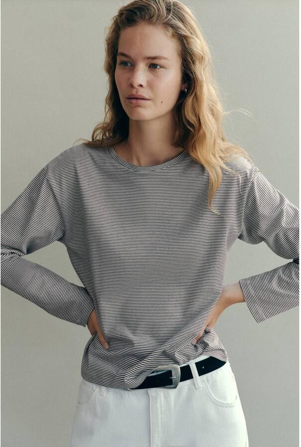 MANGO TEEN gestreepte longsleeve wit zwart Meisjes Katoen Ronde hals maat 152(XXS)