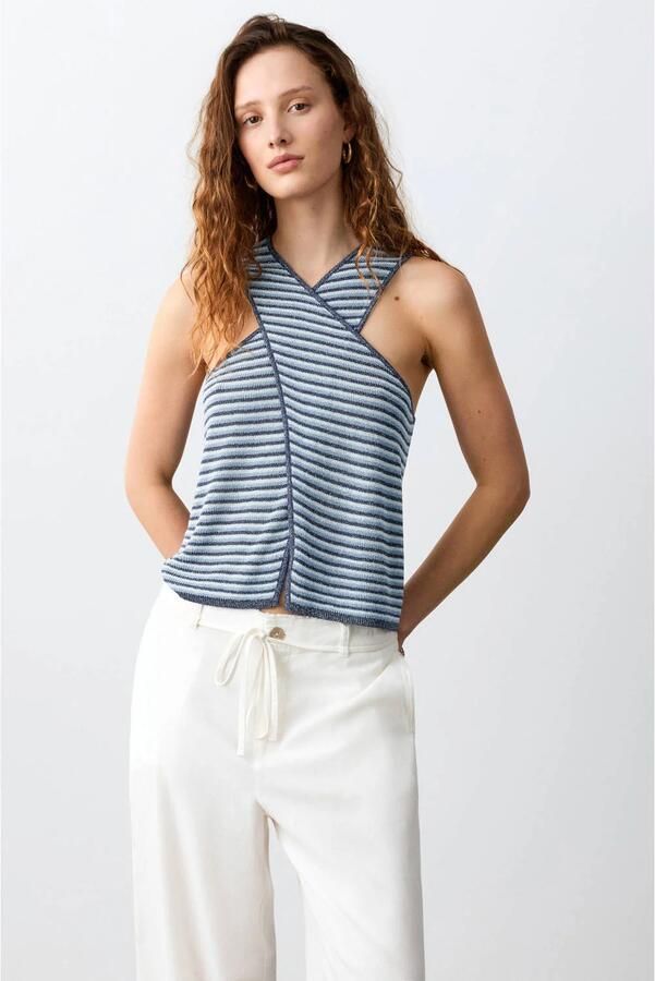 MANGO TEEN gestreepte mouwloze top donkerblauw gebreid