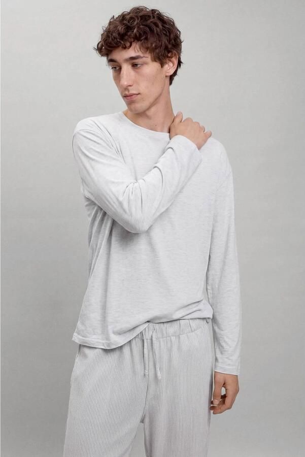 MANGO TEEN gestreepte pyjama lichtgrijs wit Jongens Katoen Ronde hals maat 158(XXS)