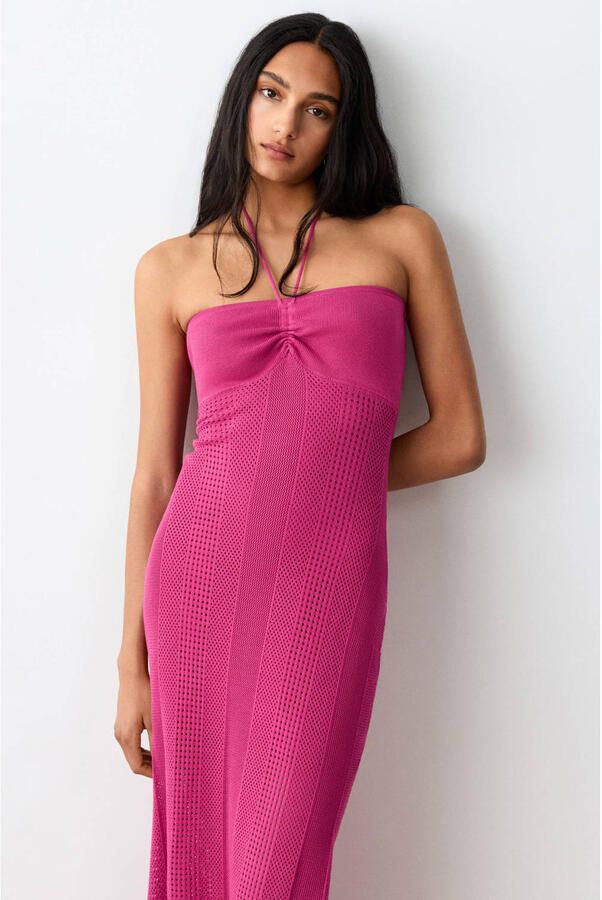 MANGO TEEN halter maxijurk met open breisel roze