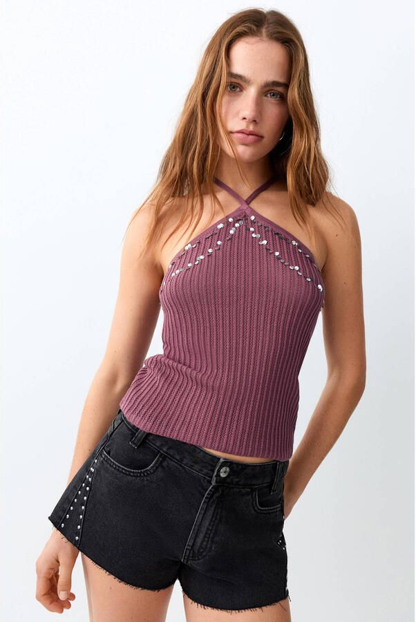 MANGO TEEN haltertop gebreid paars