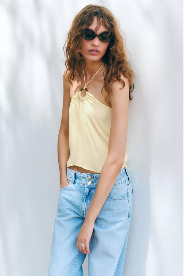 MANGO TEEN haltertop met open rug lichtgeel