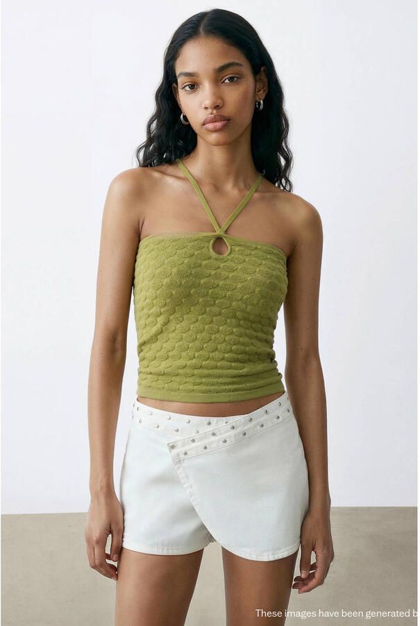 MANGO TEEN haltertop met textuur groen