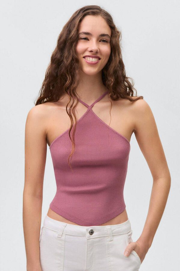 MANGO TEEN haltertop oudroze rib gebreid
