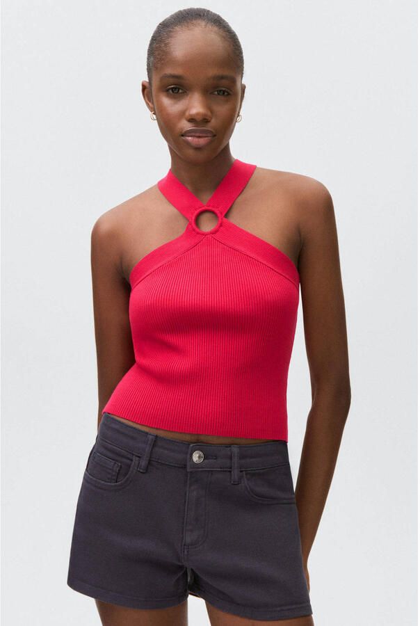 MANGO TEEN haltertop rood rib gebreid