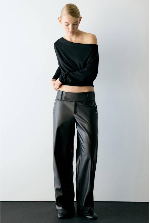 MANGO TEEN imitatieleren coated broek zwart
