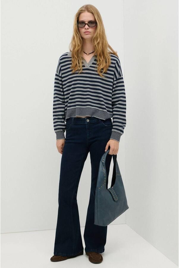 MANGO TEEN katoenen gestreepte gebreide trui grijs blauw