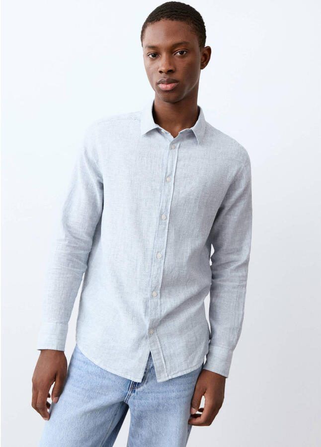 MANGO TEEN linnen overhemd met krijtstreep blauw