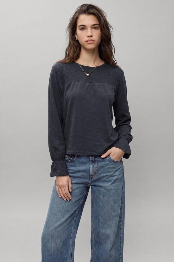 MANGO TEEN longsleeve met ruches antraciet Grijs Meisjes Katoen Ronde hals maat 152(XXS)
