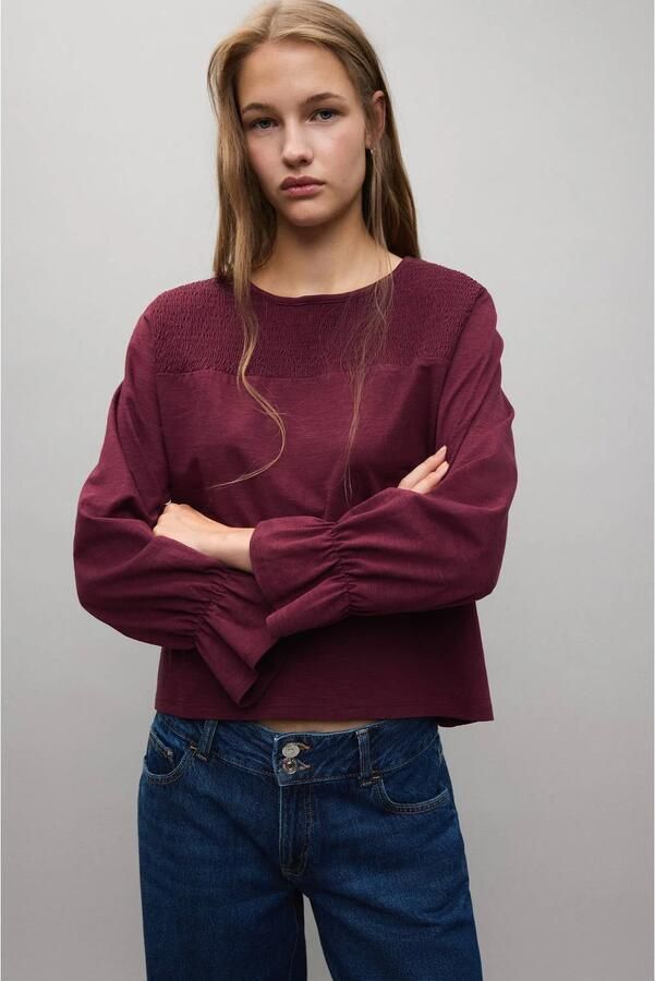 MANGO TEEN longsleeve met ruches donkerrood Meisjes Katoen Ronde hals maat 152(XXS)