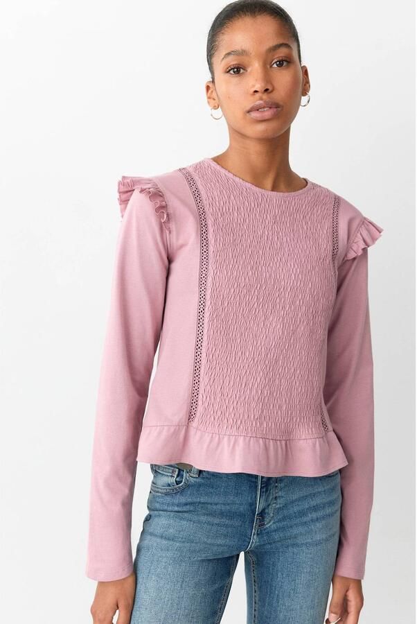 MANGO TEEN longsleeve met ruches en smockwerk roze Meisjes Katoen Ronde hals maat 152(XXS)