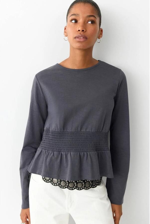 MANGO TEEN longsleeve met smockwerk antraciet Grijs Meisjes Katoen Ronde hals maat 152(XXS)