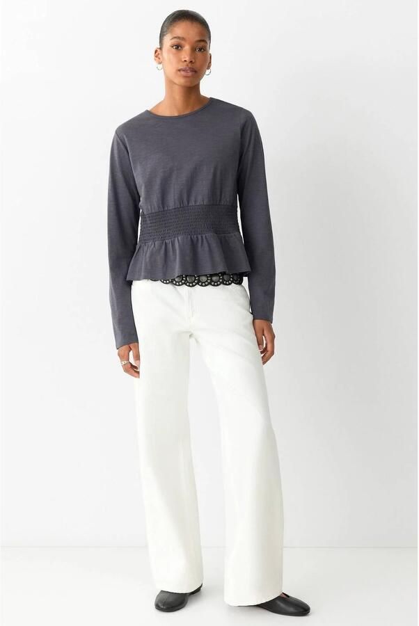 MANGO TEEN longsleeve met smockwerk antraciet Grijs Meisjes Katoen Ronde hals maat 152(XXS) - Foto 3