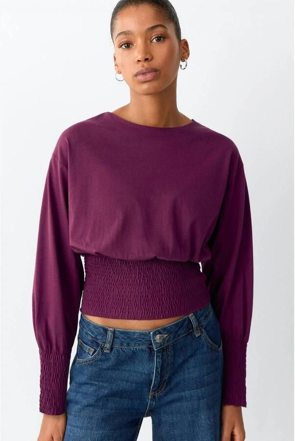 MANGO TEEN longsleeve met smockwerk bordeauxrood Paars Meisjes Katoen Ronde hals maat 152(XXS)