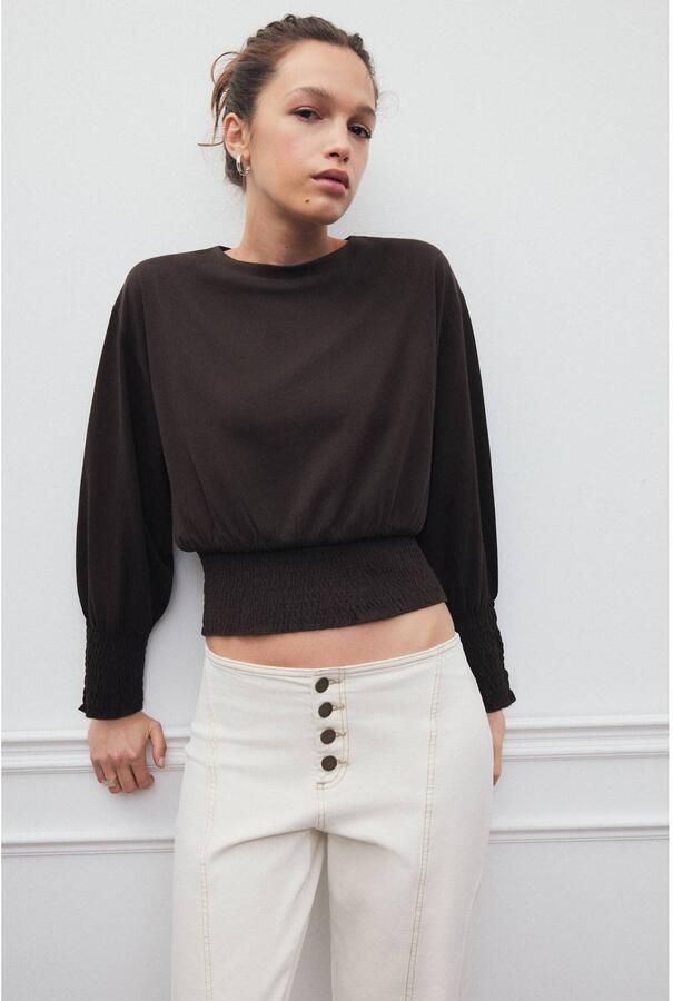 MANGO TEEN longsleeve met smockwerk bruin Meisjes Katoen Ronde hals Effen maat 152(XXS)