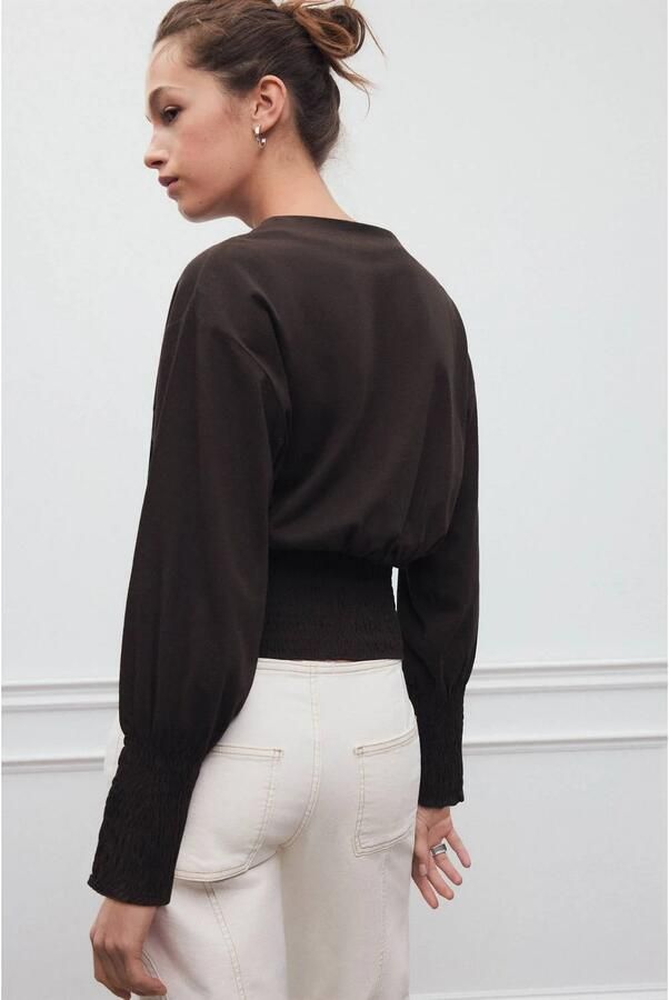 MANGO TEEN longsleeve met smockwerk bruin Meisjes Katoen Ronde hals Effen maat 152(XXS) - Foto 2
