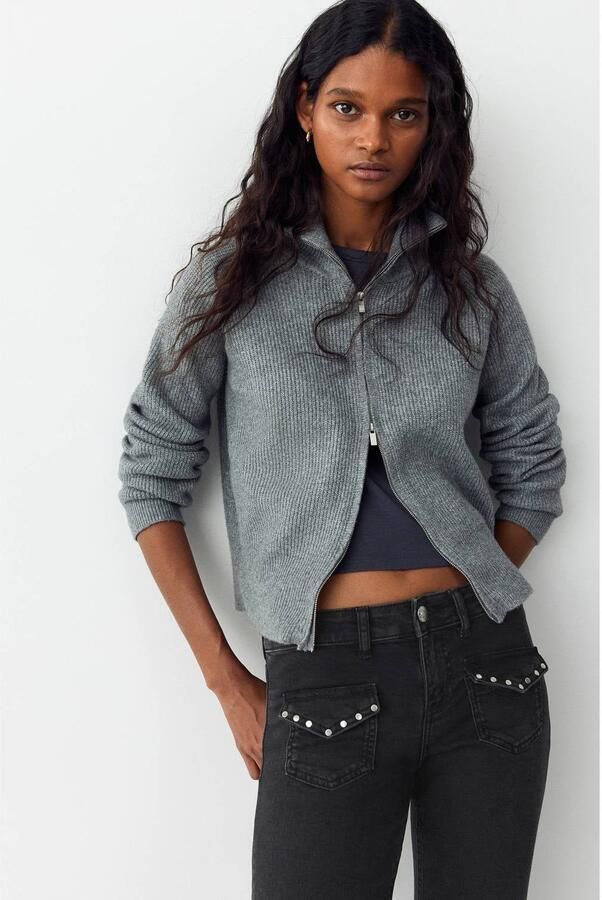 MANGO TEEN low waist flared jeans met studs grey denim Grijs Effen (XXS)