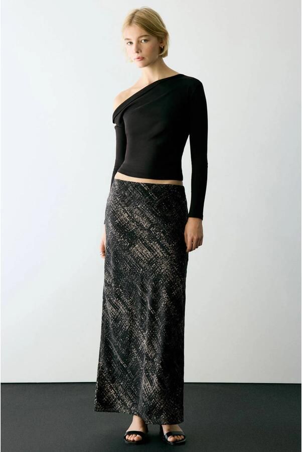 MANGO TEEN maxi A-lijn rok met print zwart grijs