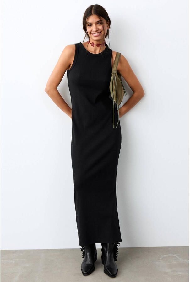MANGO TEEN maxi jurk rib gebreid zwart