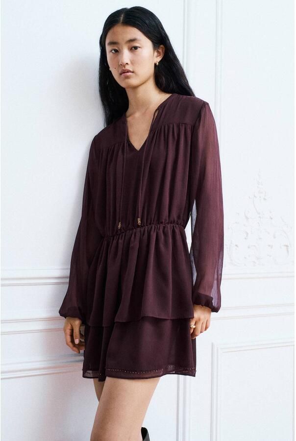 MANGO TEEN midi blousejurk met borduursels paars Meisjes Polyester V-hals maat 152(XXS)