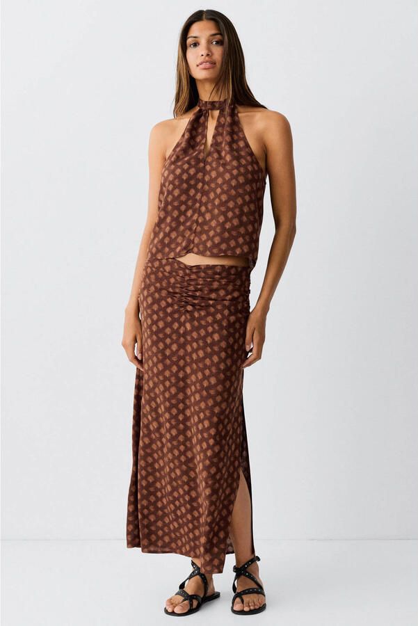 MANGO TEEN midi rok met split en print bruin