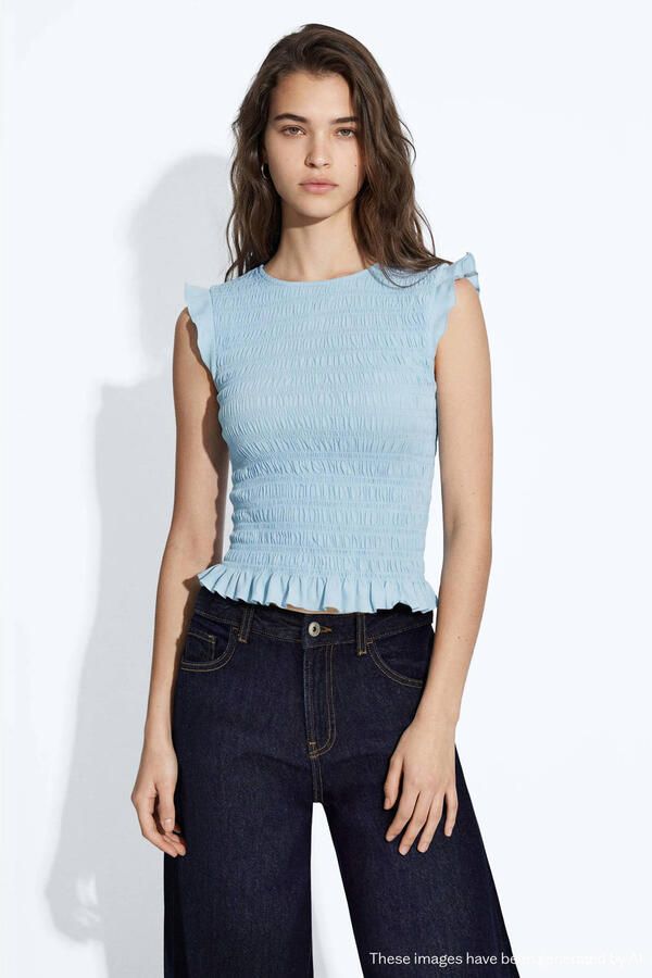 MANGO TEEN mouwloze top met ruches en smockwerk lichtblauw