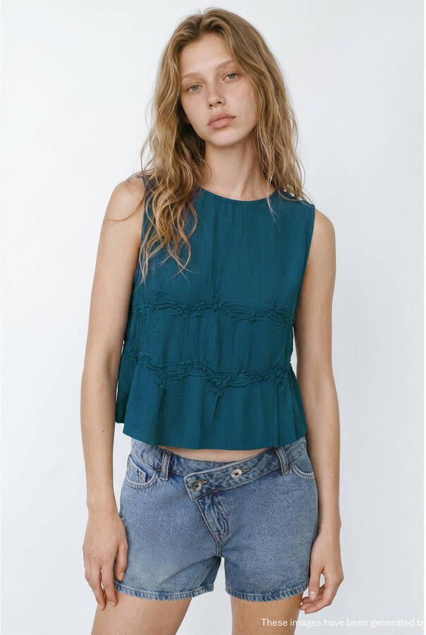 MANGO TEEN mouwloze top met smockwerk petrol