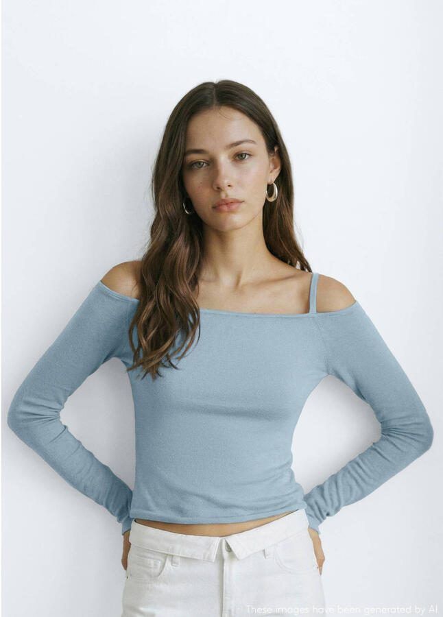 MANGO TEEN off shoulder top lichtblauw fijn gebreid
