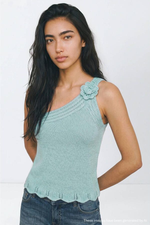 MANGO TEEN one shoulder gebreide top met broderie lichtblauw