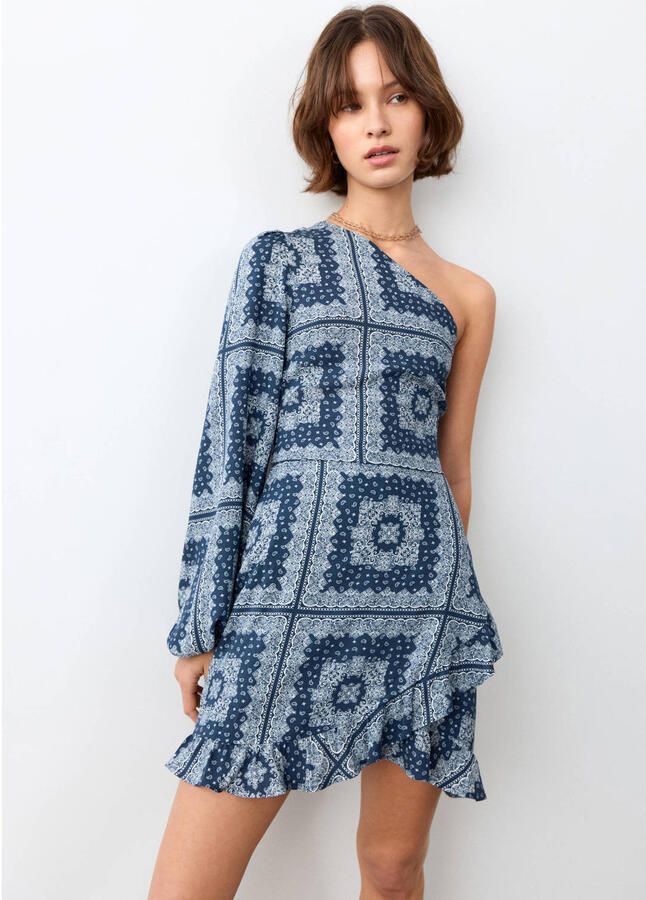 MANGO TEEN one shoulder jurk met paisley print blauw