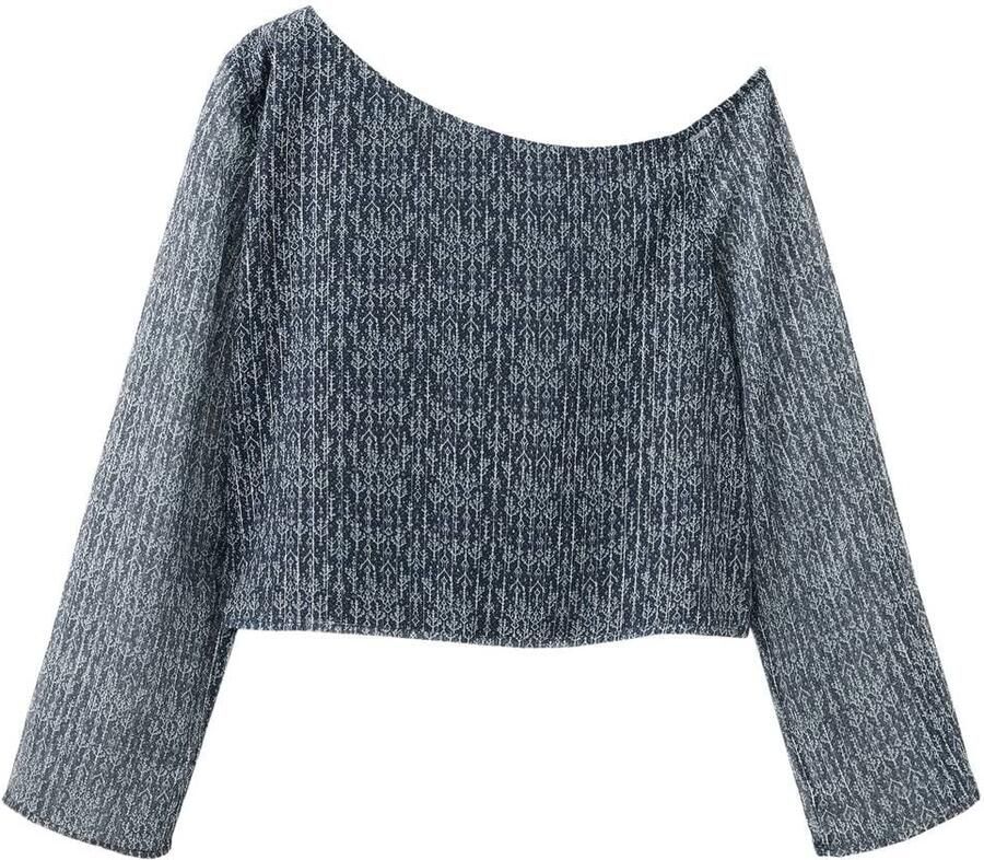 MANGO TEEN one shoulder rechtvallende cropped semi-transparante blousetop met print blauw maat 152(XXS)