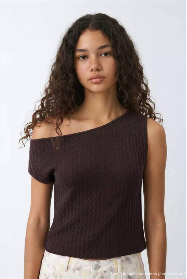 MANGO TEEN one shoulder top met print bruin