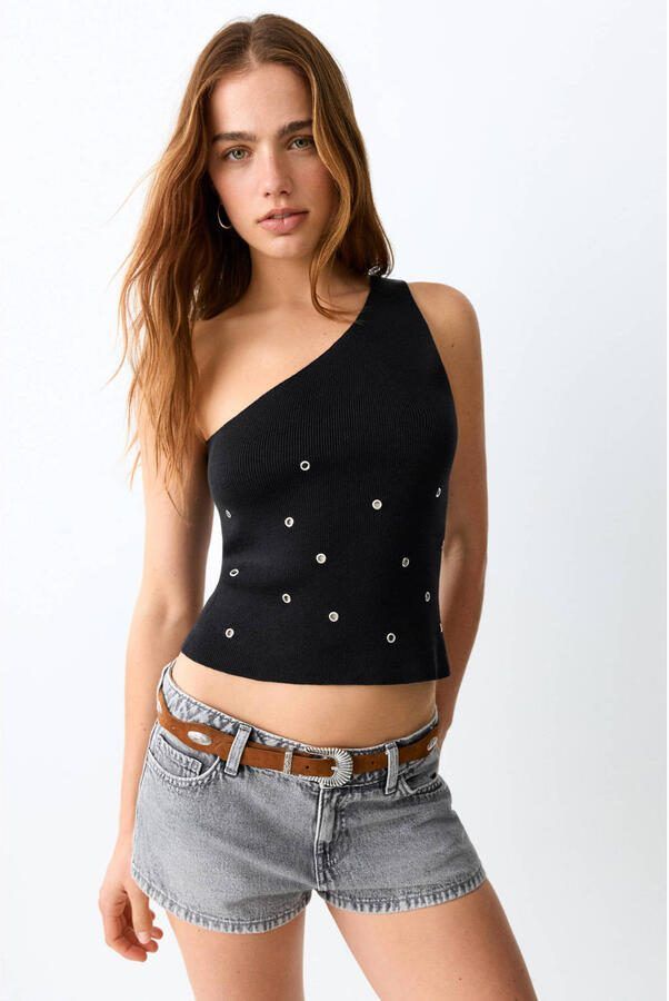 MANGO TEEN one shoulder top zwart