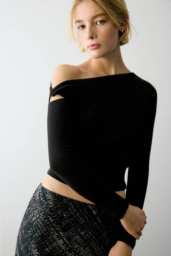 MANGO TEEN one shoulder top zwart Effen maat 152(XXS)
