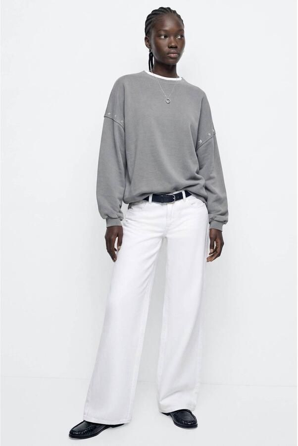 MANGO TEEN oversized sweater met studs grijs Effen maat 152(XXS)