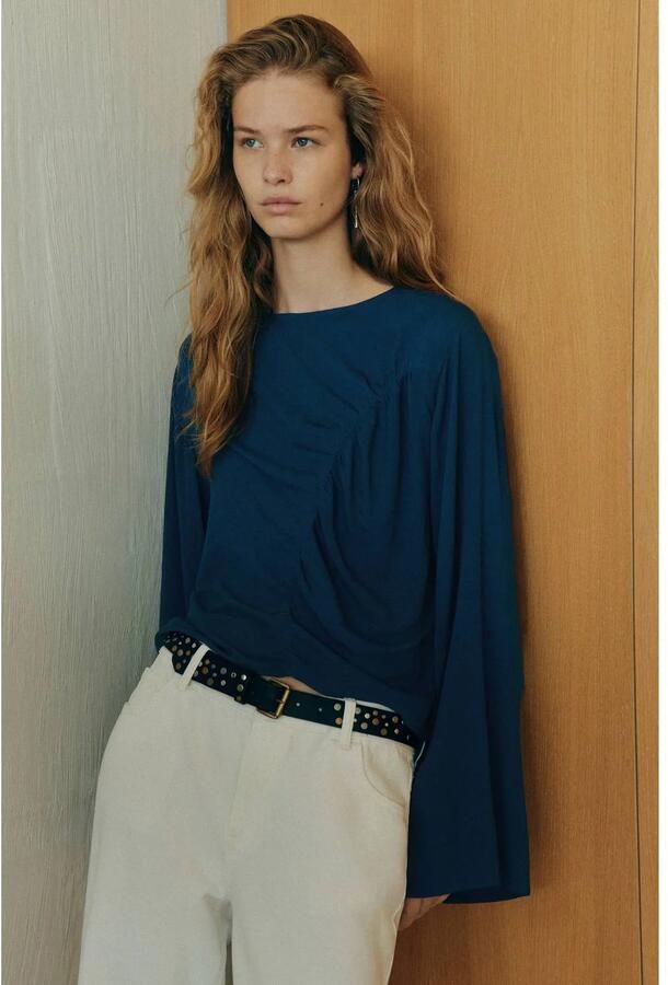 MANGO TEEN rechtvallende blousetop met plooien donkerblauw Meisjes Viscose Ronde hals maat 152(XXS)