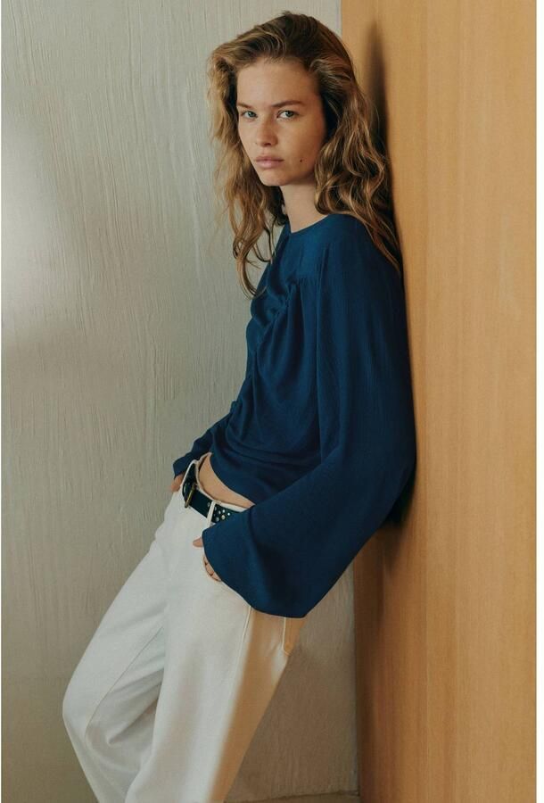 MANGO TEEN rechtvallende blousetop met plooien donkerblauw Meisjes Viscose Ronde hals maat 152(XXS) - Foto 2