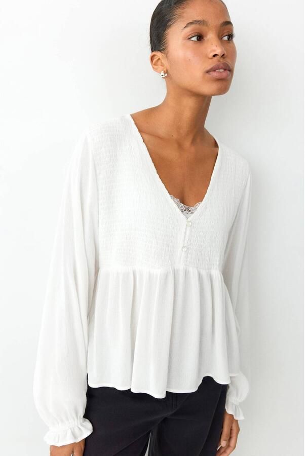 MANGO TEEN rechtvallende blousetop met ruches naturel wit Meisjes Viscose V-hals maat 152(XXS)