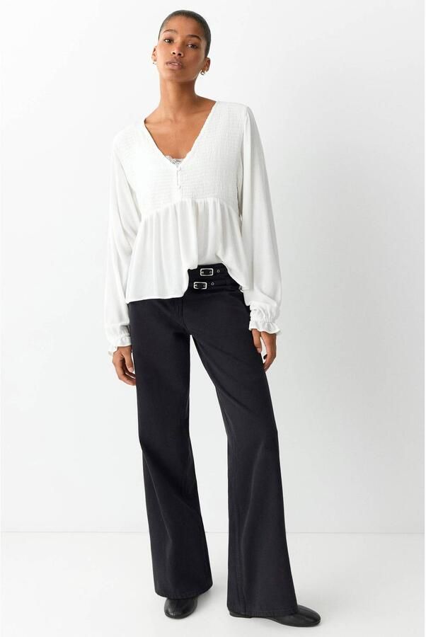 MANGO TEEN rechtvallende blousetop met ruches naturel wit Meisjes Viscose V-hals maat 152(XXS) - Foto 2