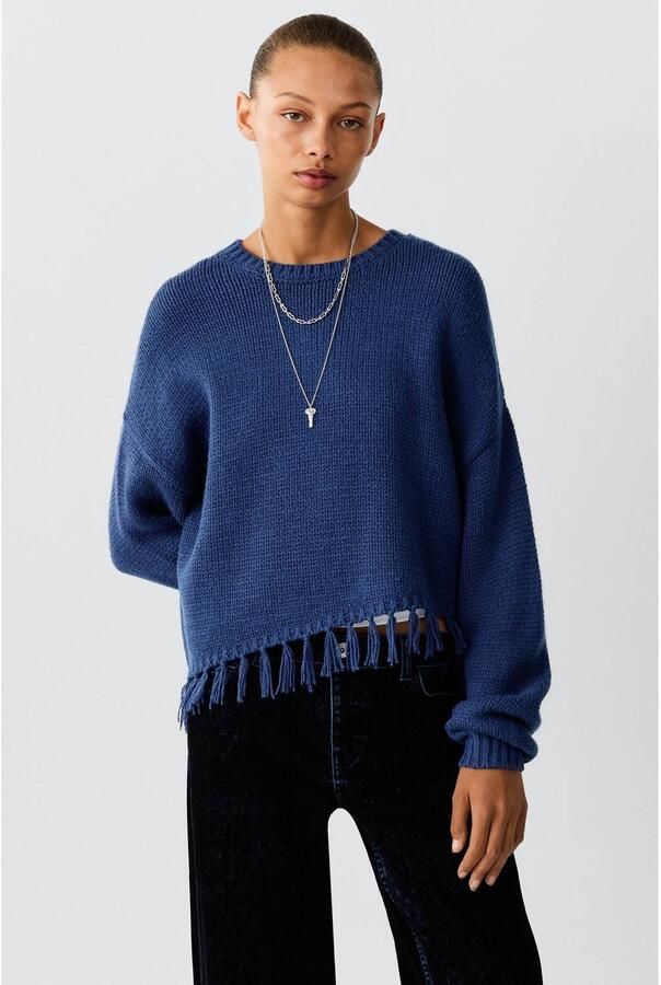 MANGO TEEN rechtvallende gebreide trui met franjes middenblauw