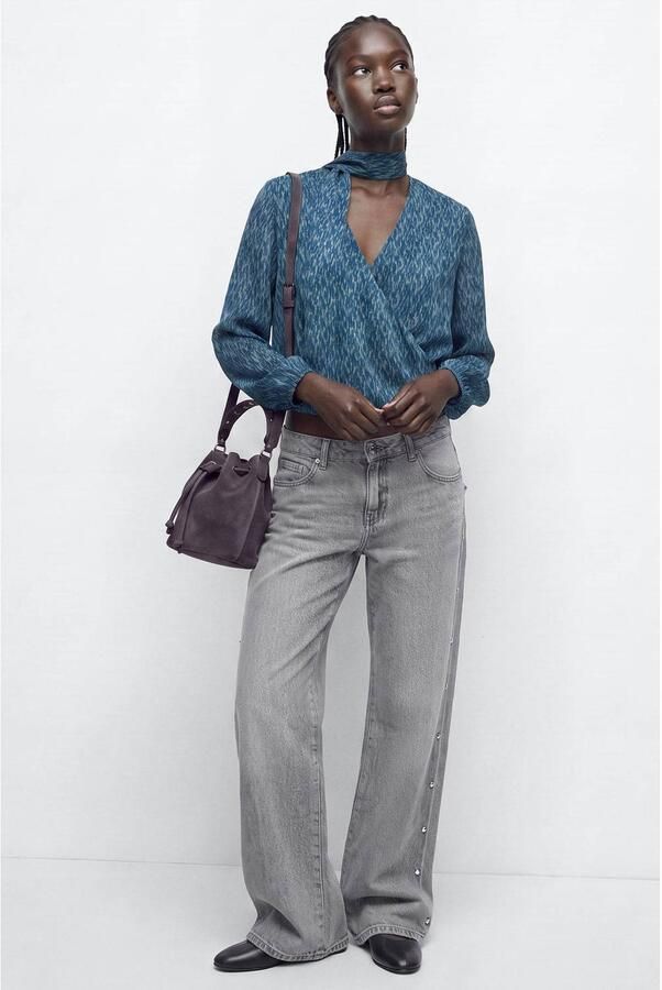 MANGO TEEN rechtvallende overslagtop met print blauw Meisjes Polyester V-hals maat 152(XXS)