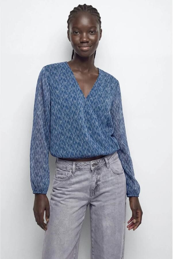 MANGO TEEN rechtvallende overslagtop met print blauw Meisjes Polyester V-hals maat 152(XXS) - Foto 2
