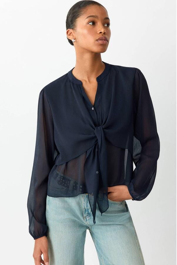 MANGO TEEN semi-transparante blousetop donkerblauw Meisjes Polyester V-hals maat 152(XXS)