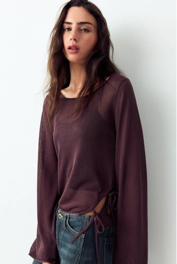 MANGO TEEN semi-transparante cropped blousetop met cut-out donkerrood