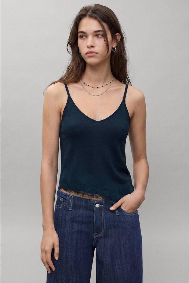 MANGO TEEN spaghettitop marineblauw Meisjes Katoen V-hals Effen maat 152(XXS)