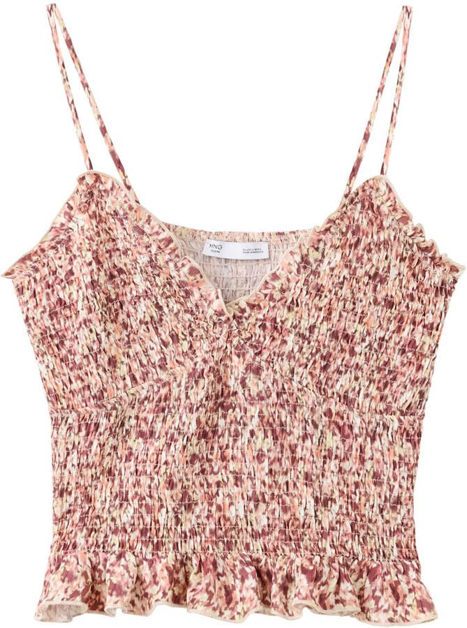 MANGO TEEN spaghettitop met ruches en print roze