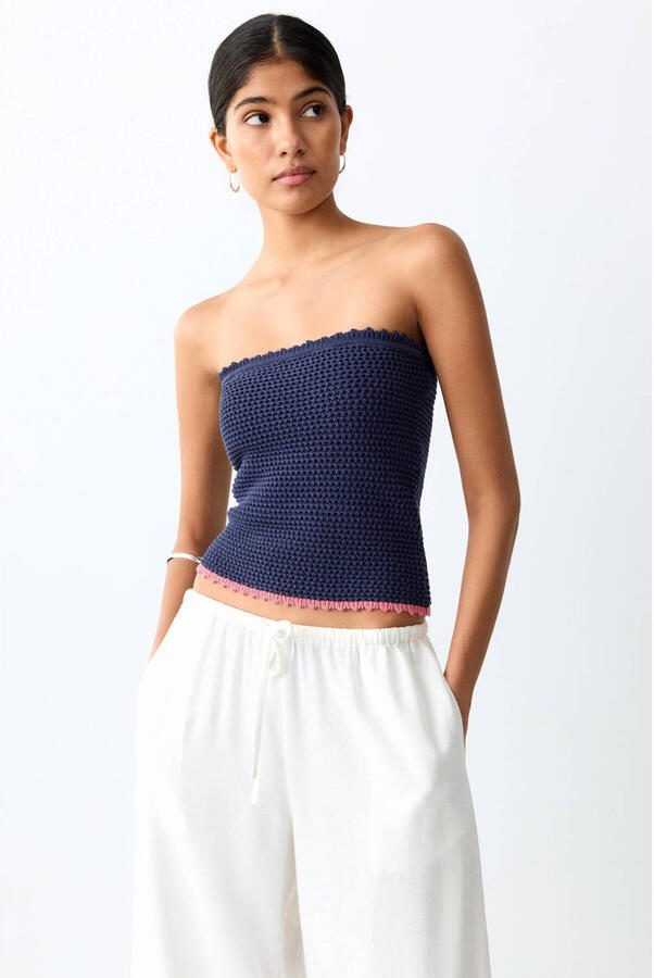 MANGO TEEN strapless top gebreid donkerblauw